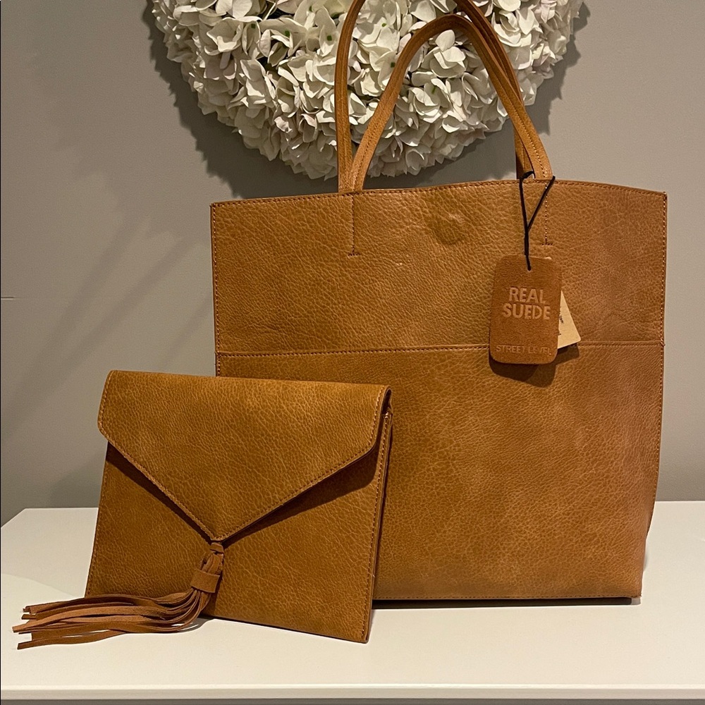 LAST CHANCE on this Street Level Tan Leather Tote and Clutch Set